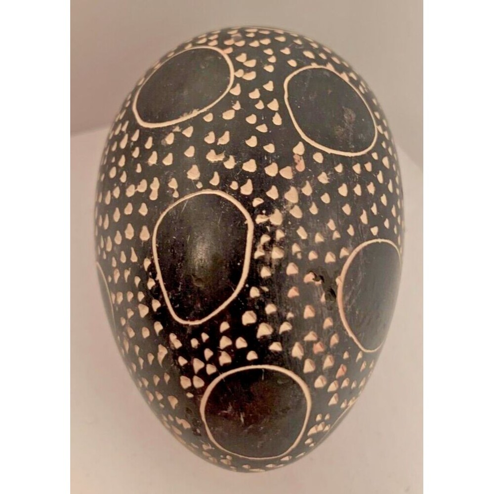 Vintage Kisii Soapstone Egg African Carved Circles Dotted Black Polka Dots 3"